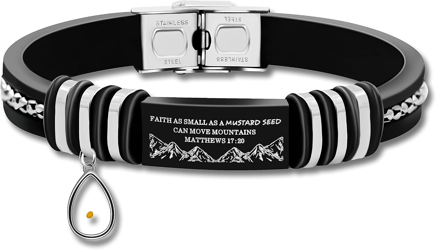 Uloveido Religious Black Leather Cuff Bracelet for Men Women, Christian Bracelet Gift Engraved Faith Small AS A Mustard Seed Can Move Mountains Matthew 17:20