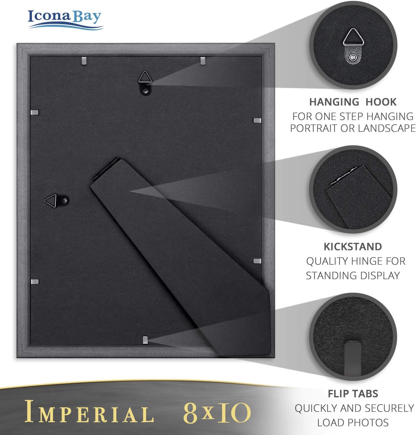 Icona Bay 8x10 Picture Frames, Table and Wall Décor Photo Frame Set, Imperial Collection (Black with Gold Trim, 8 x 10 Inch, 4 Pack)