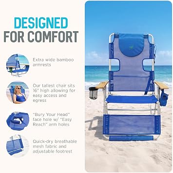 Ostrich The Altitude 3N1 Reclining Lounge Chair, Relaxing Beach Seat, Blue