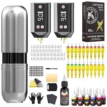 POSEIDON Tattoo Gun Kit Rotary Tattoo Machine with 21200mAh Capacity Tattoo Batteries, Tattoo Pen, 20 Tattoo Cartridge Needles, Black & Color Ink Set, tattoo kit for beginners complete set