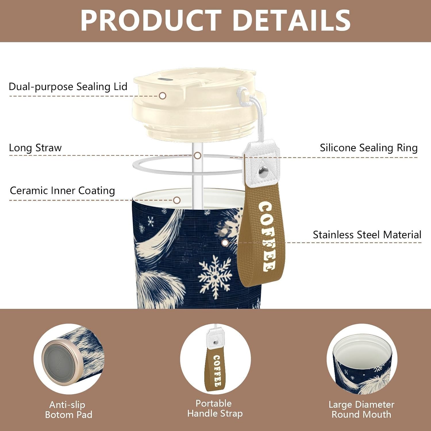 Highland Cow Winter Snowflake Insulated Coffee Mug with Straw & Flip Lid, 16.9oz Iced Tumbler Cup, Double Wall Vacuum Mug for Travel Office