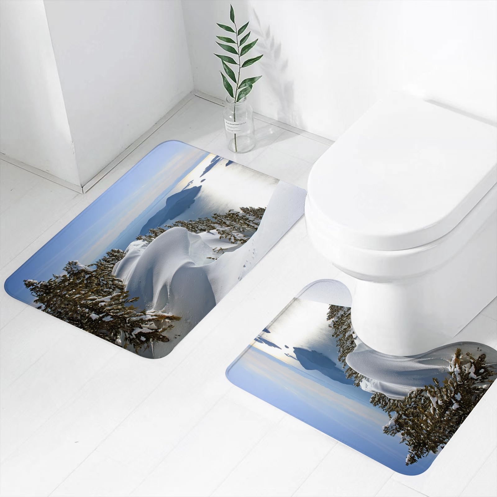 Set di 2 tappetini da Bagno, Lavabili in Lavatrice e Antiscivolo, tappetini Morbidi in Fibra Superfine, Inverno, Oceano Pacifico, Montagne, Vancouver, Colombia,