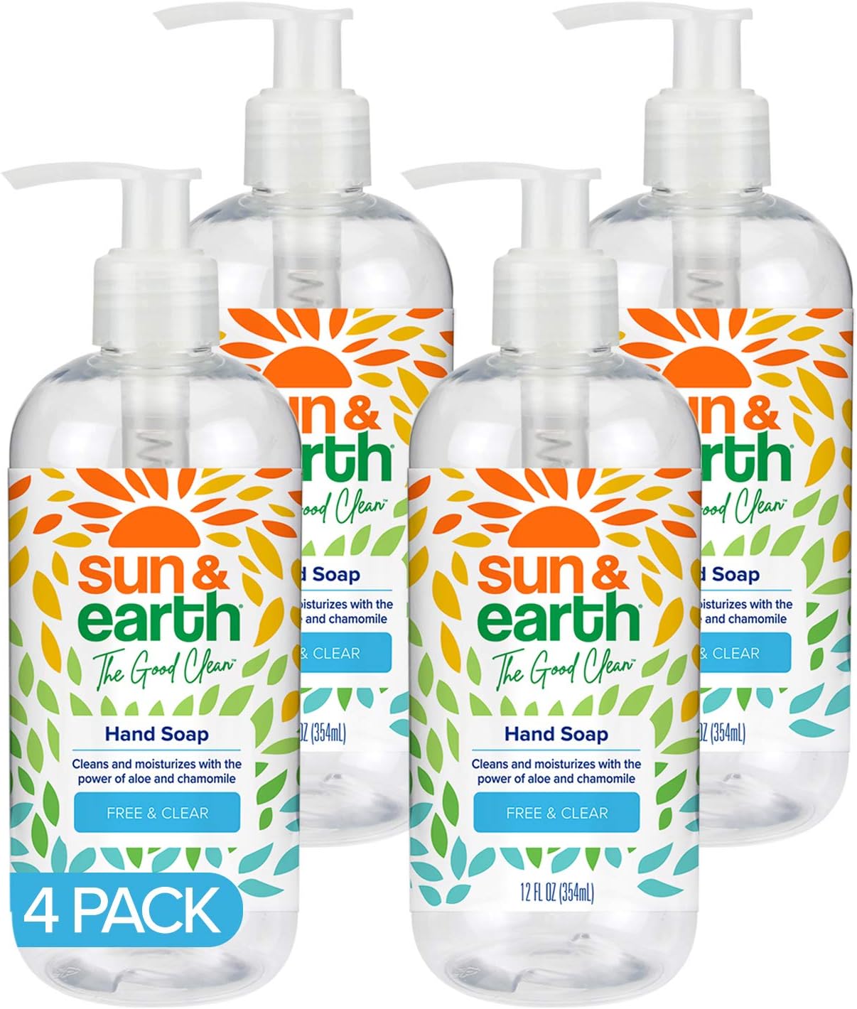 Sun & Earth Hand Soap Liquid, 12 fl oz Pack of 4, Free & Clear, Unscented, Fragrance Free, Plant Based Ingredients, No Phosphates, Parabens or Sulfates