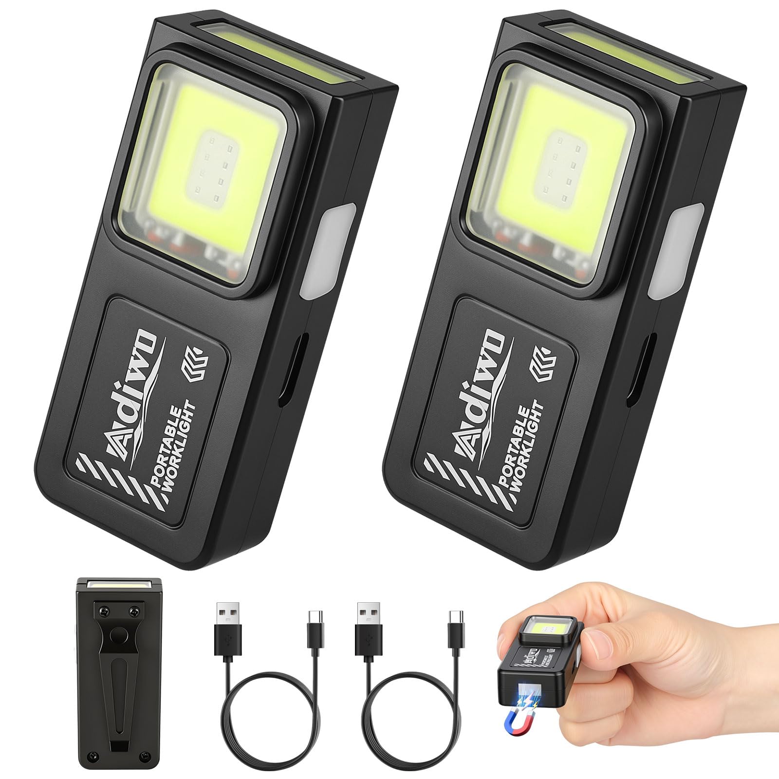 Adiwo Clip on Flashlight, Hands Free Flashlight, Compact Pocket LED Light, Rechargeable EDC Torch, Super Bright Torch with Magnetic Base, Red & Blue Strobe for Flashing Camping Hiking Walking Running