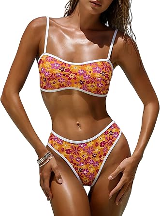 OWICA Womens 2 Piece Bikini Sets Floral Print High Cut Bathing Suits Cheeky Bandeau Beachwear Swimsuits for Women