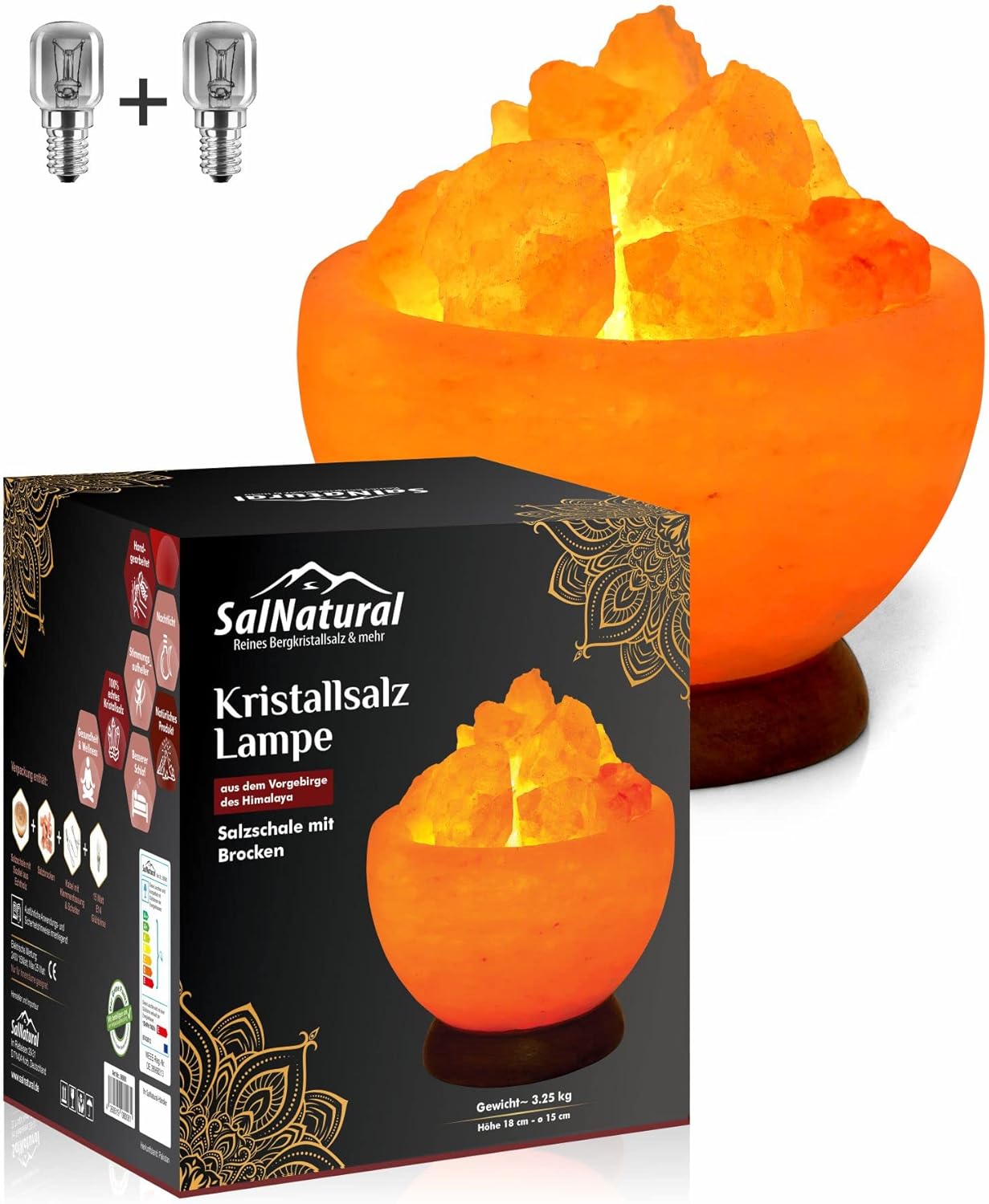 SalNatural Salzlampe Feuerschale Ø 15 cm mit Salzbrocken, Salzkristalllampe aus der Salt Range