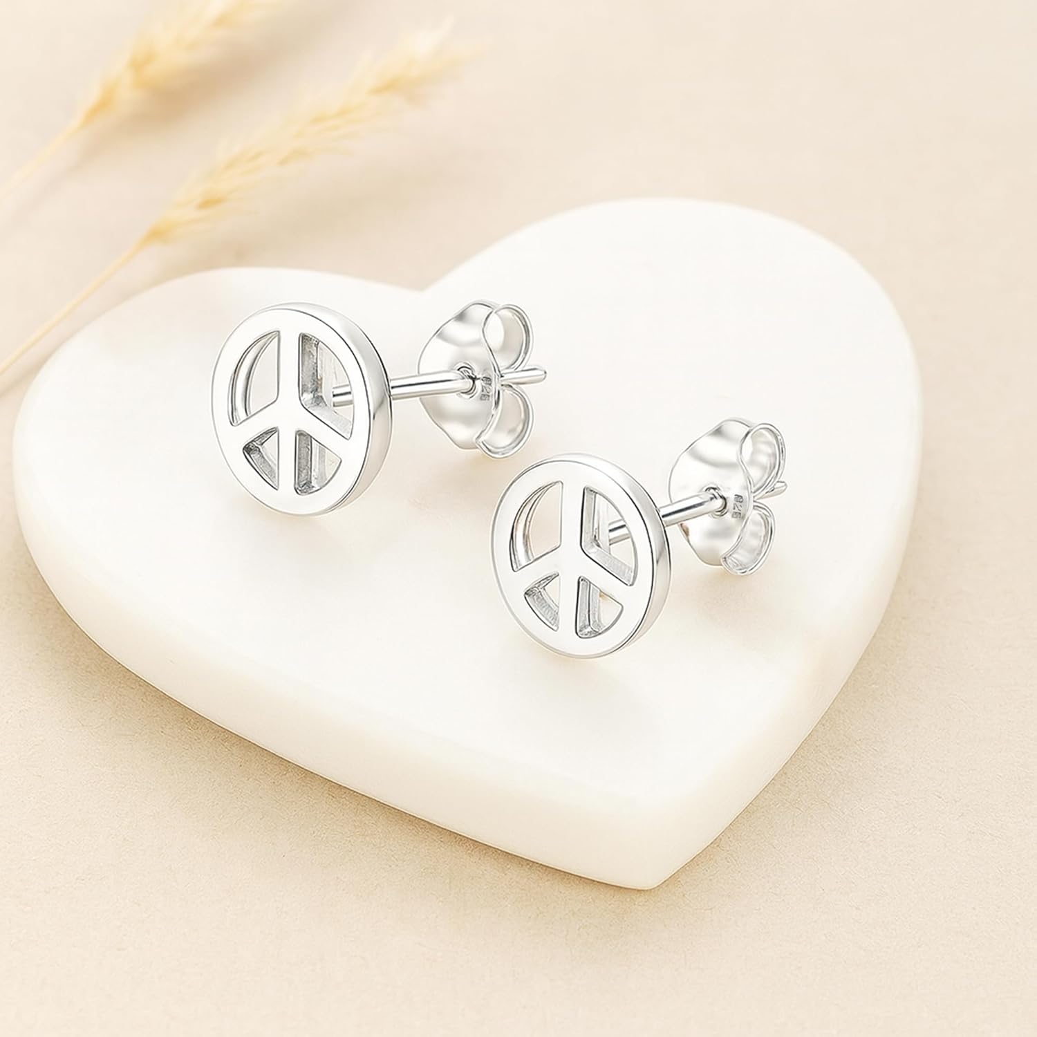 AeraVida Peace Sign Sterling Silver Stud Earrings for Women – 7mm or 8mm Round .925 Silver Push Back Studs – Hypoallergenic Minimalist Punk Symbol Jewelry