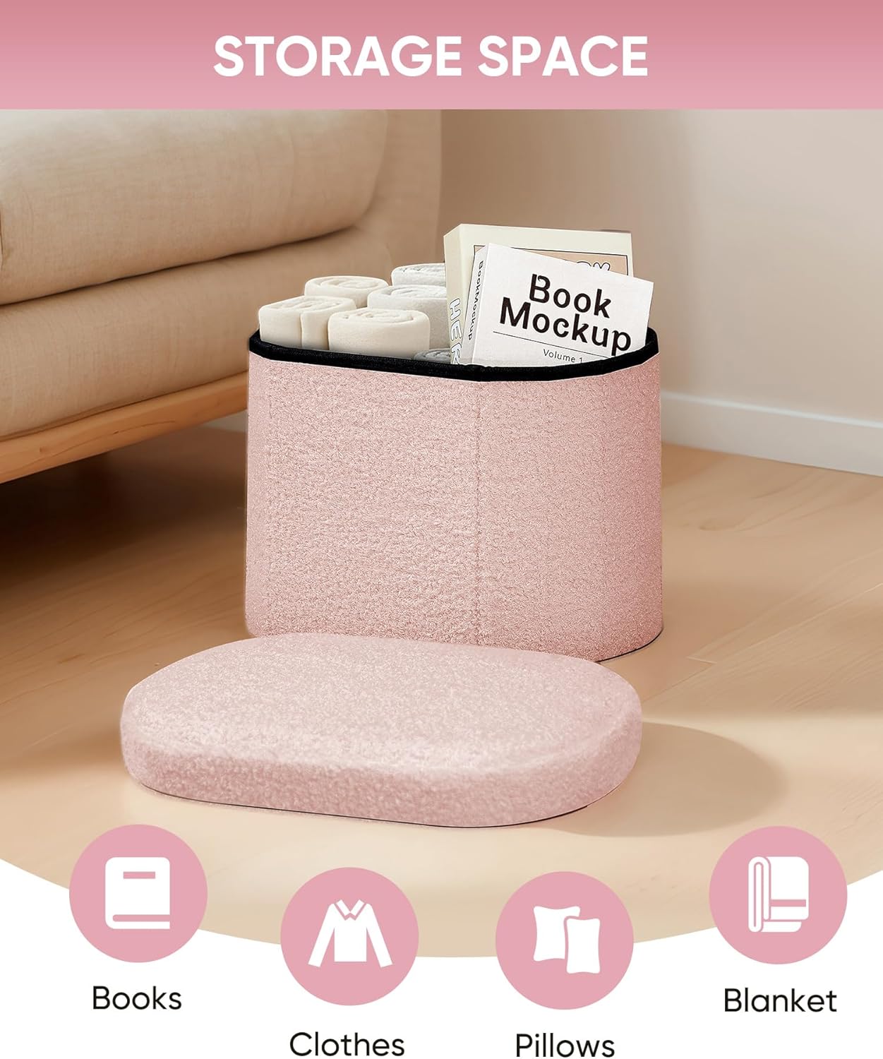B FSOBEIIALEO Storage Ottoman for Dorm Room, Boucle Folding Storage Ottoman Foot Rest, 16.14 Inches Small Collapsible Ottoman Cube for Living Room Pink