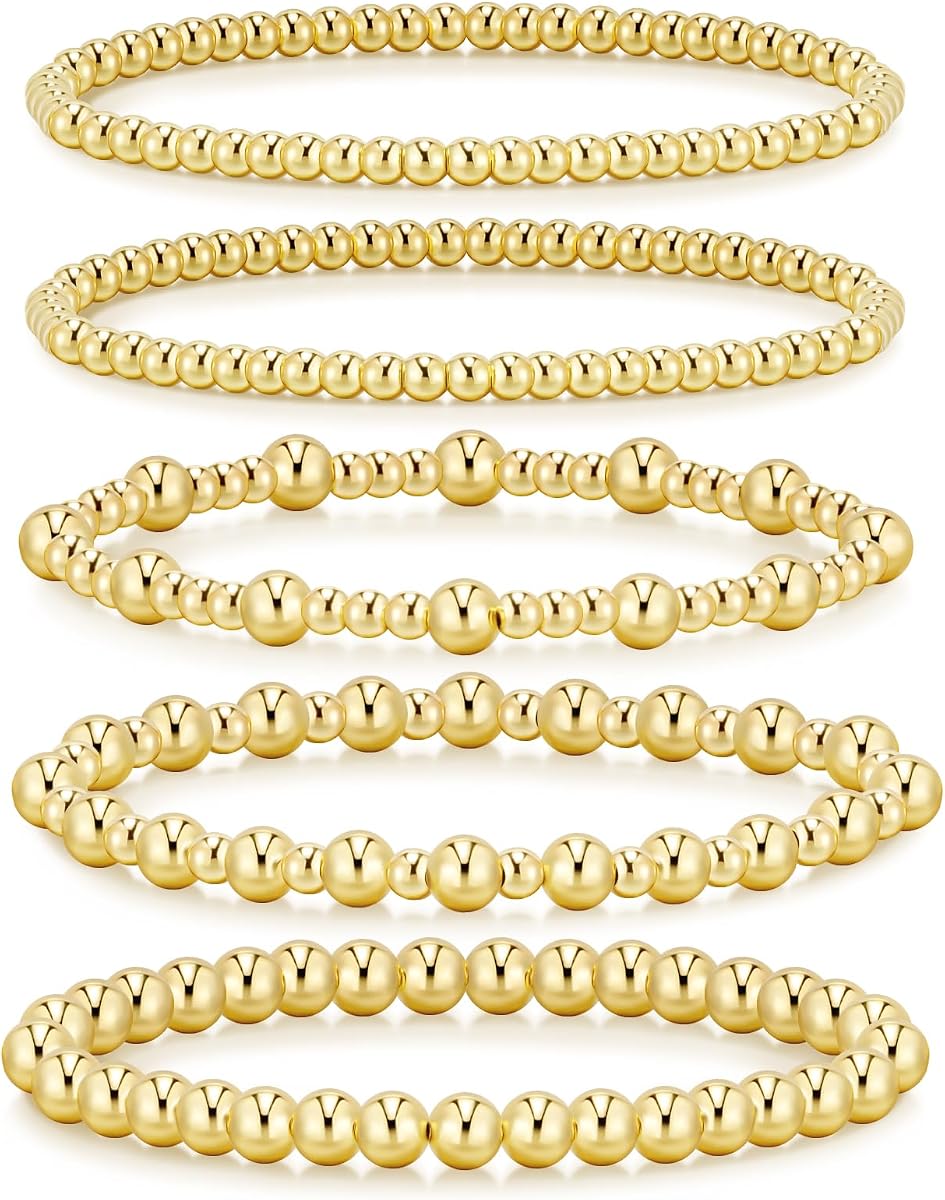 Gold Bracelets for Women Waterproof, 14K Gold Plated Beaded Strand Bead Ball Bracelets stack Adjustable Jewelry Set for Gifts