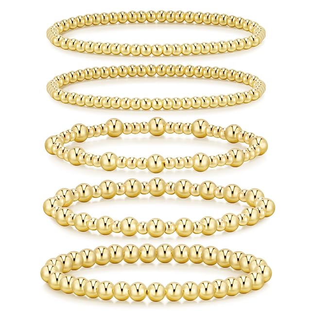 adoyi Gold Bracelets for Women Waterproof 14K Gold Plated Beaded Strand Bead Ball Bracelets stack Adjustable Jewelry Set