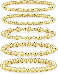 adoyi Gold Bracelets for Women Waterproof, 14K Gold Plated Beaded Strand Bead Ball Bracelets stack Adjustable Jewelry Set for Gifts