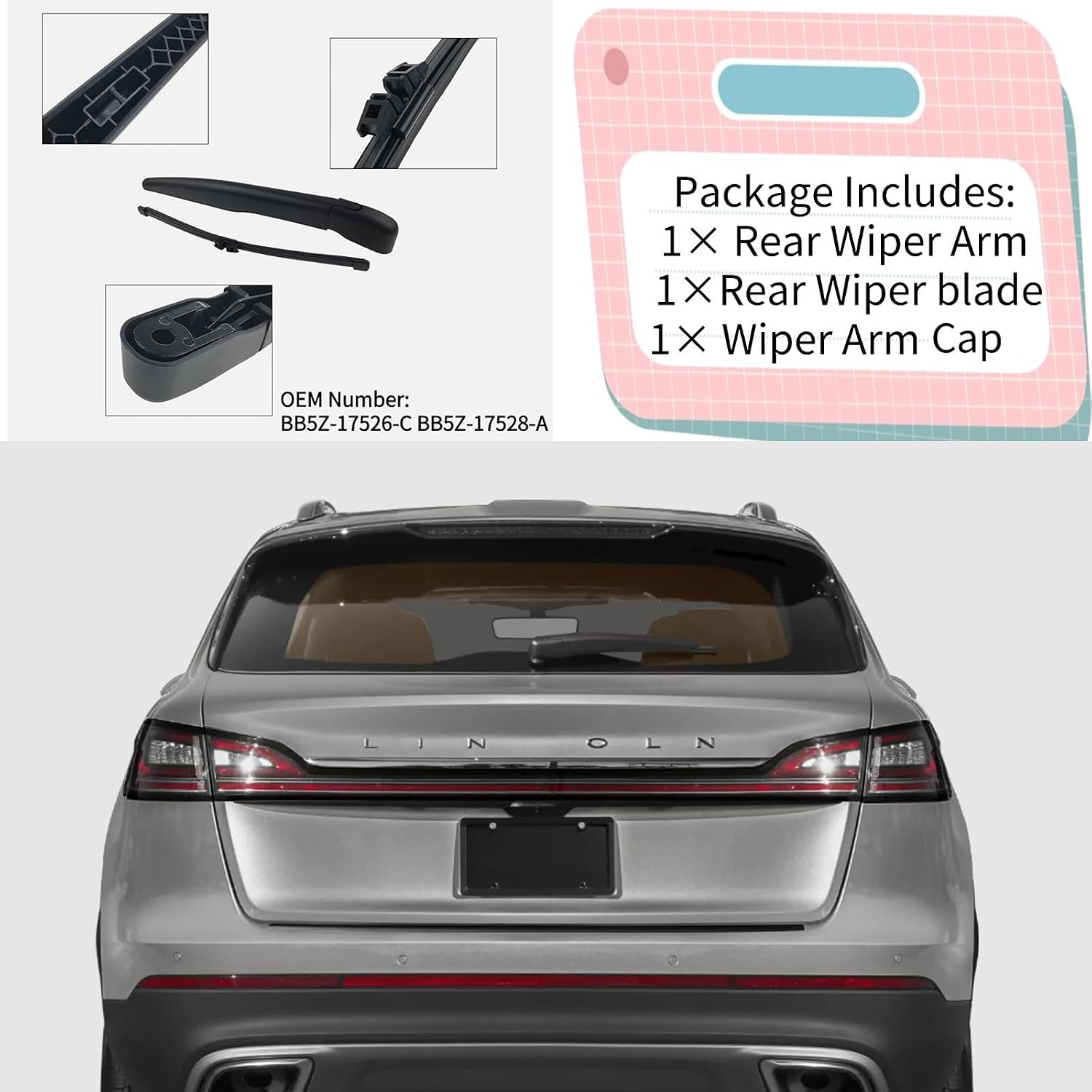 Rear Wiper Blade & Arm Replacement for Lincoln Nautilus 2019-2024 - OEM Fit for Hybrid Black Label Premiere Reserve Base Select 2.0L L4 2.7L V6 Models - All-Season