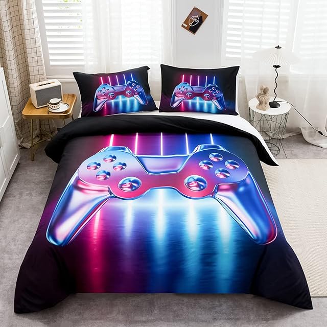 Gamepad Bedding Set for Boys Youth Teens Double Size Modern Gamer Comforter Cover,Video Game Duvet Cover Kids Girls, Novelty Gradient Action Buttons Decor Printed Bedspread Cover