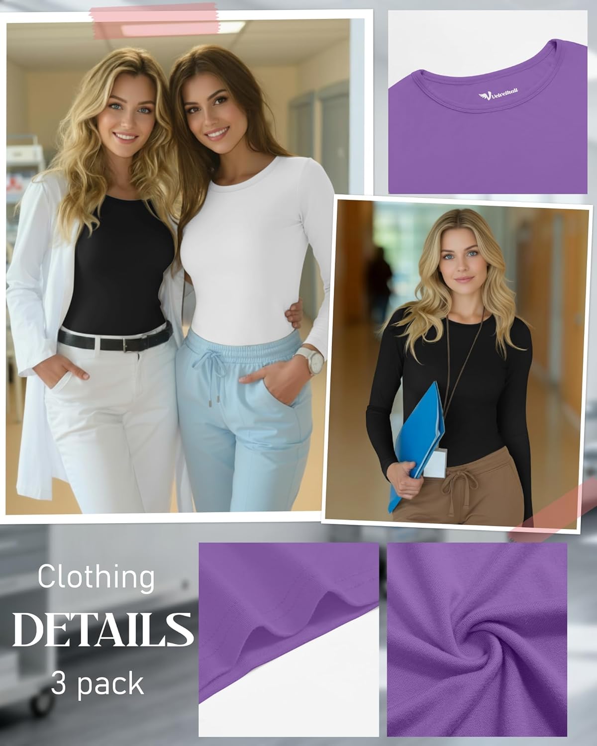 3 Pack Women's Under Scrub Shirts Long Sleeve Crew Neck Slim Fit Tees Basic Casual Soft Undershirts for Nurse