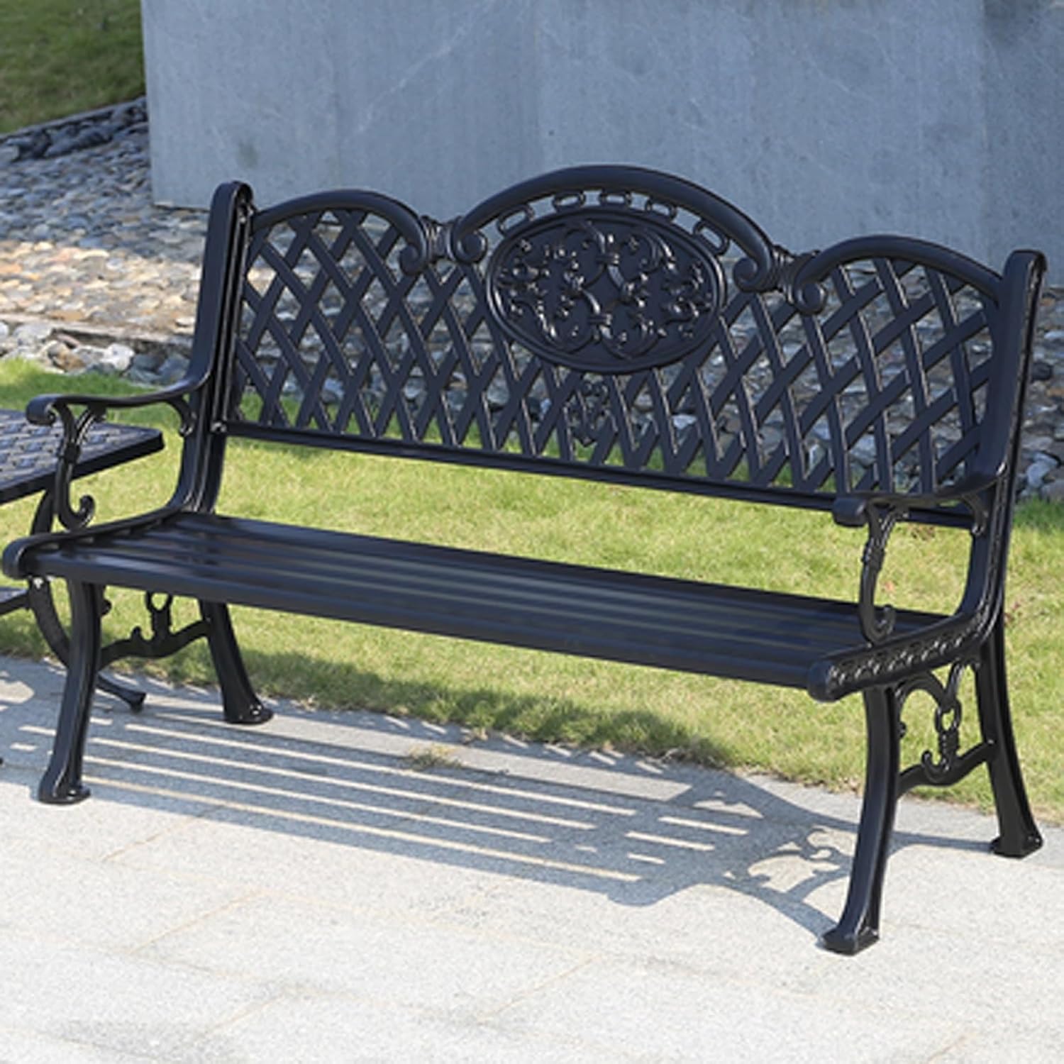 Brown Metal Patio Garden Bench, Outdoor Loveseat for 2, Weatherproof Balcony Chair, Stylish Park Bench with Patterned Backrest for Backyard and Lawn