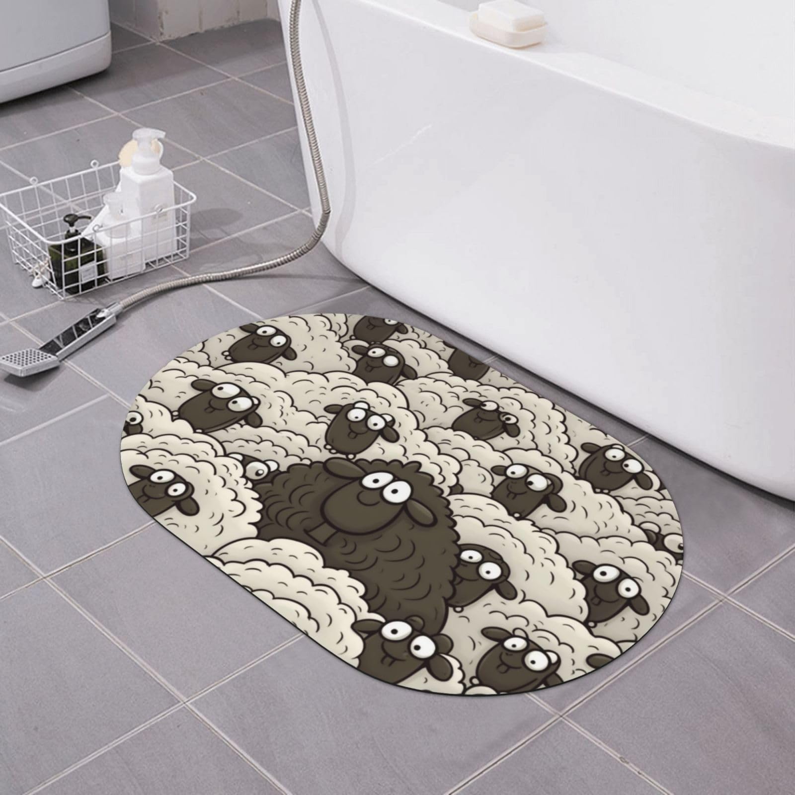 Tapis de douche diatomite anti-humidité motif mouton noir blanc