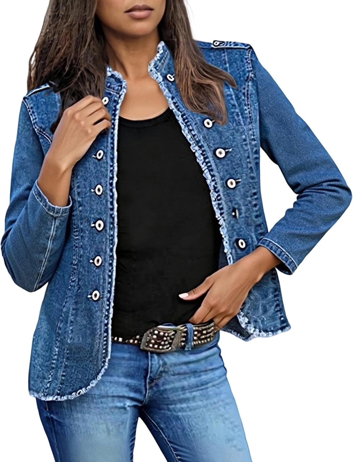 Tbahhir Women Denim Jacket Casual Long Sleeve Open Front Jean Blazer Distressed Slim Fit Top Fall Outfits