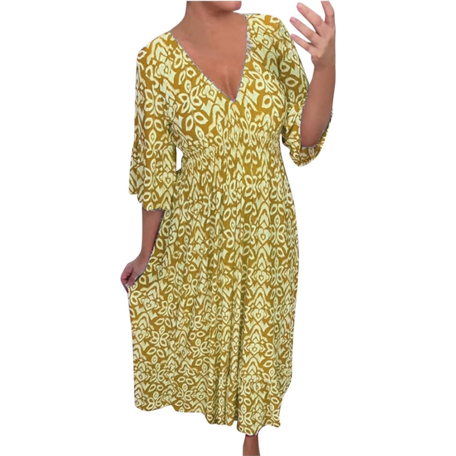 BIVENANT Boho Dress for Womens Plus Size Bohemian Midi Dresses Casual Loose V-Neck 3/4 Sleeve Floral Print Wrap Summer Dress