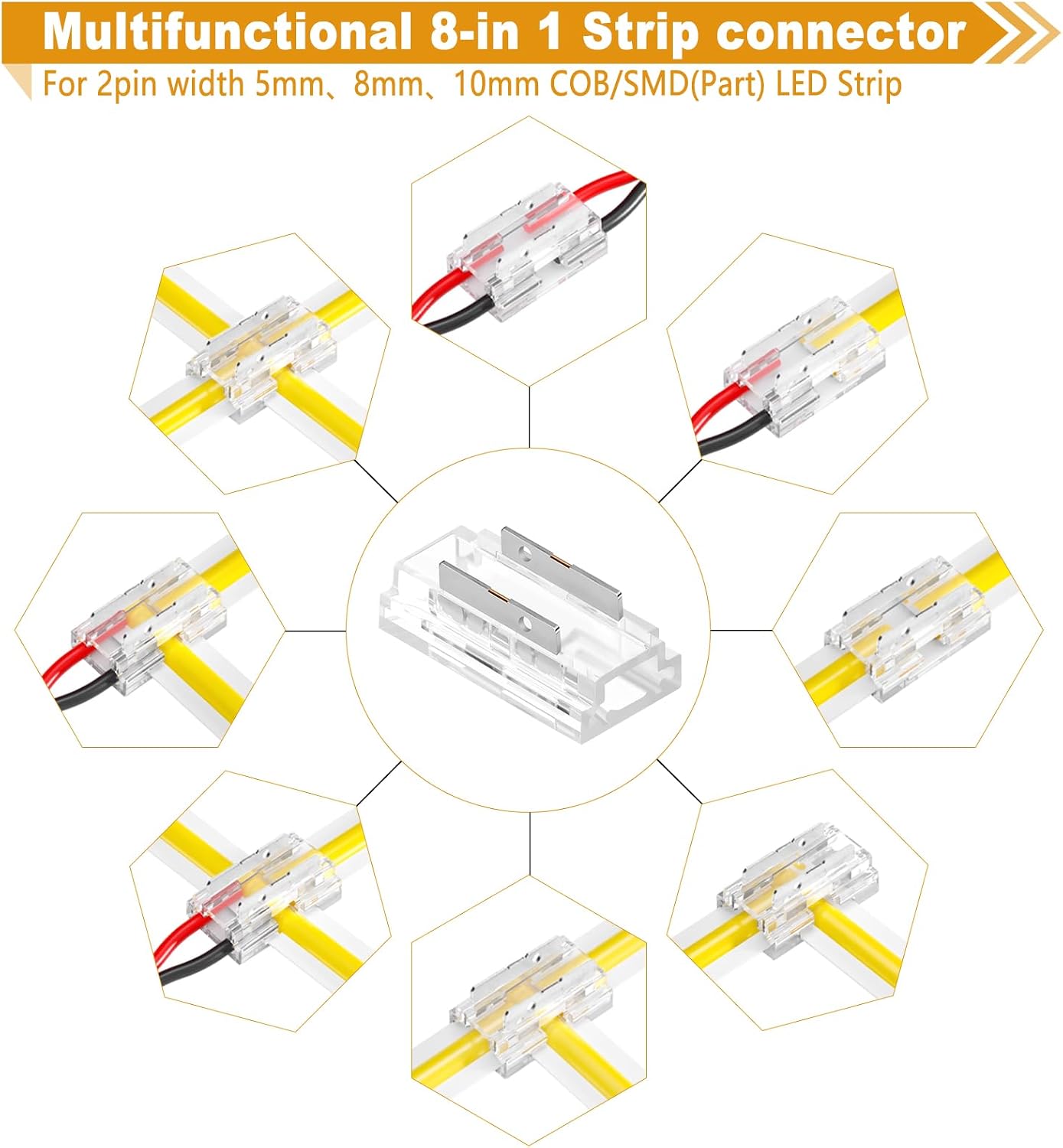 2Pin 10mm COB LED Strip Connectors Kit（ | 8-in-1 X Type Connectors Straight Corner Wire to Strip Wire 22AWG Extension