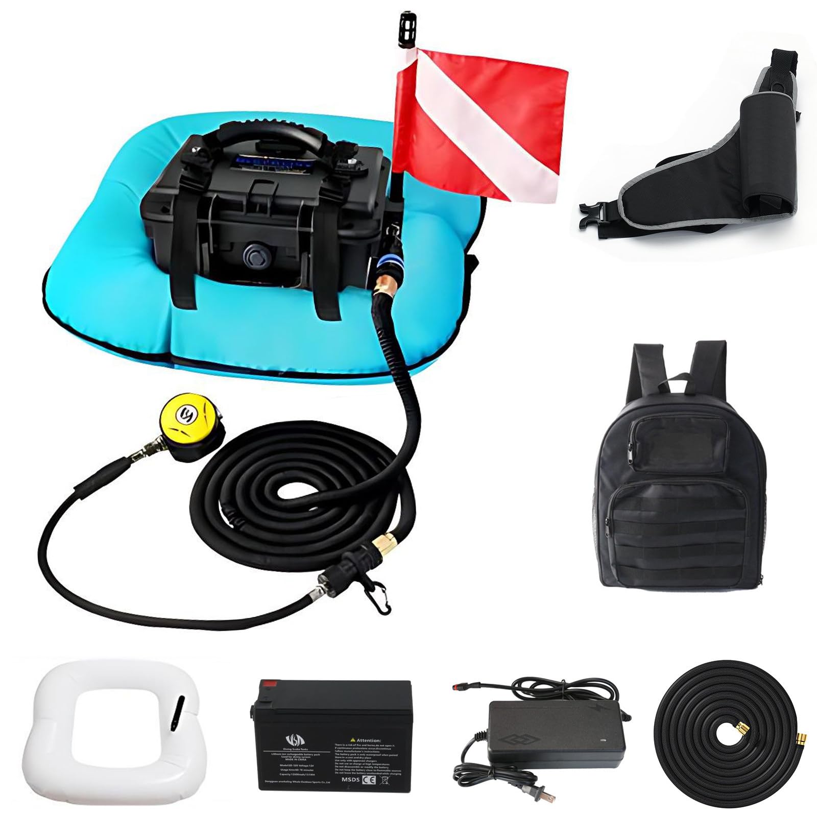 Wangyingxu Diving Ventilator, Rechargeable Scuba Diving System, with 33ft Hose & Diving Breathing Regulator Scuba Diving System, 52L/Min Air Supply, for Recreational Diving Fishing Blue-PRO