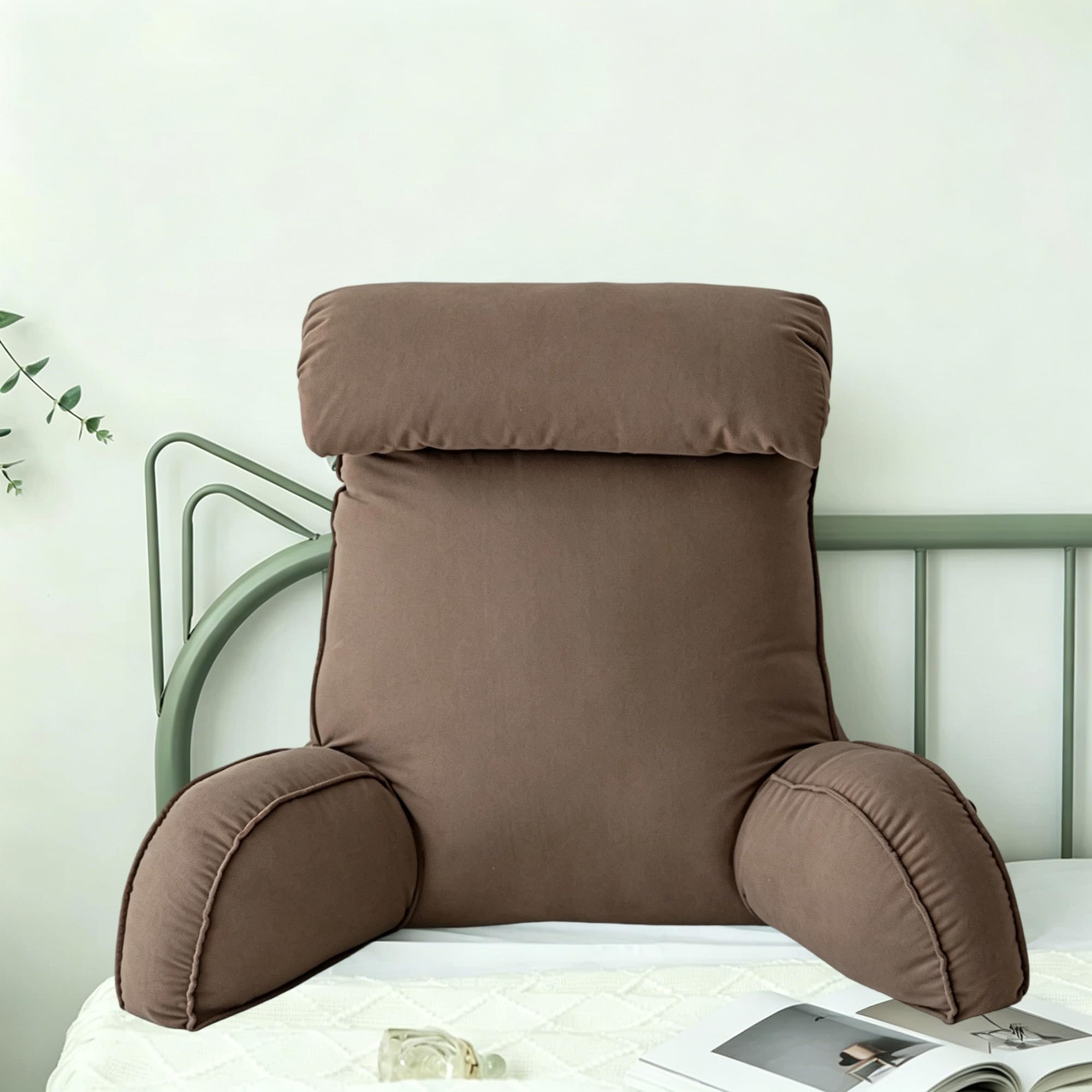 Hruile Brown Reading Pillow With Arm Support, Cuddle Arm Back Pillow, Large Backrest Rest Cushion With Removable Cover, Lumbar Support Cushion For Reading Relaxing Watching (75×40×55Cm,)