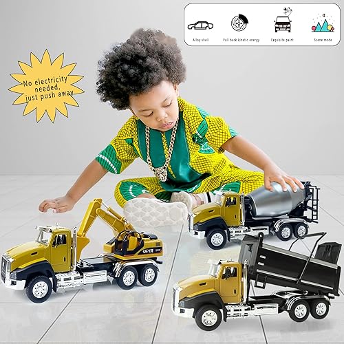 Miniatura 5 de Coches de metal a escala 150 paquete de 3 vehículos de construcción de ingeniería camión volquete excavadora camión mezclador juguetes de coche con