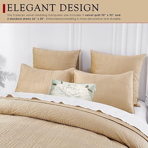 Miniatura 4 de Querencia Juego de edredón de terciopelo de lujo tamaño Queen, edredón beige tostado, edredón geométrico acolchado, colcha bordada, ropa de cama