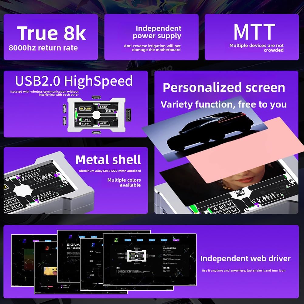 Hub USB alla moda con 2-3 porte - 8K, alimentazione indipendente, display integrato per migliorare l'atmosfera delle configurazioni desktop in argento.