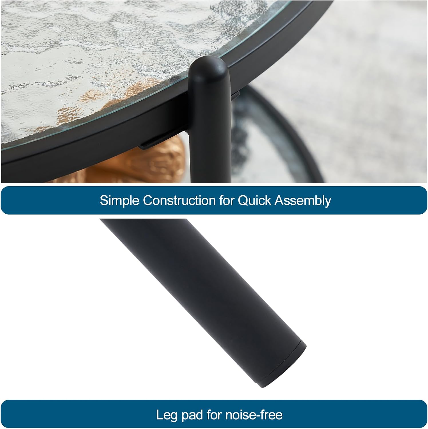 VINGLI 25.6" Small Matte Black Round Coffee Table Water-Wave Glass Circle Clear Coffee Table, Center Table with 2-Tier Modern Storage Design for Living Room, Bedroom, Meeting Room, Balcony, Patio
