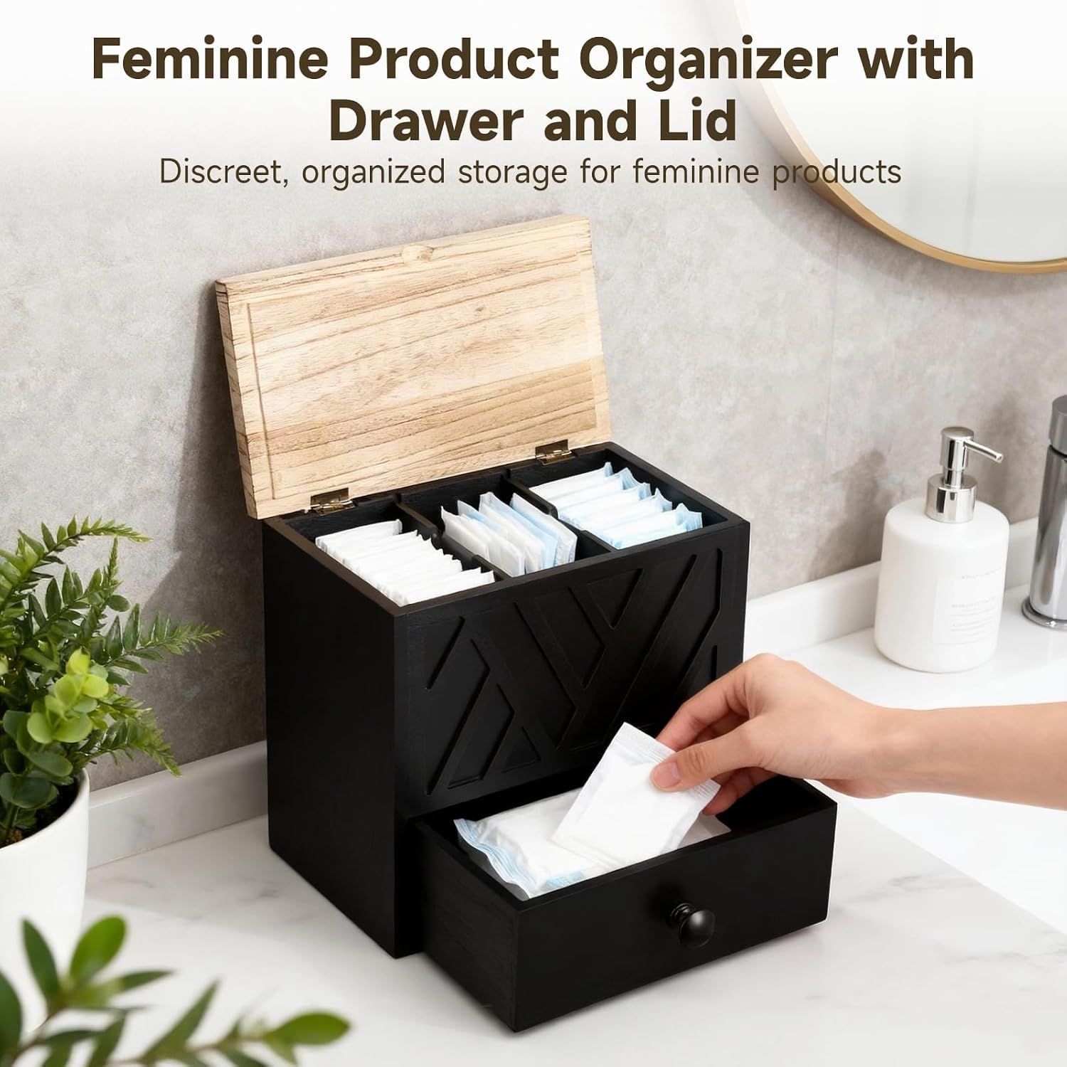 Contenitore per tamponi e cosmetici, in legno, nero, 2 ripiani, con