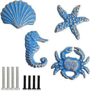JuxYes Beach Ocean Theme Decorative Drawer Knobs Sea Horse Starfish Seashell and Crab Retro Marine Style Cast Iron Cabinet...