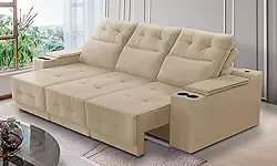 Sofá Retrátil e Reclinável 3 lugares 2,10m com Porta Copos e USB Hannah Suede Bege Adonai Estofados