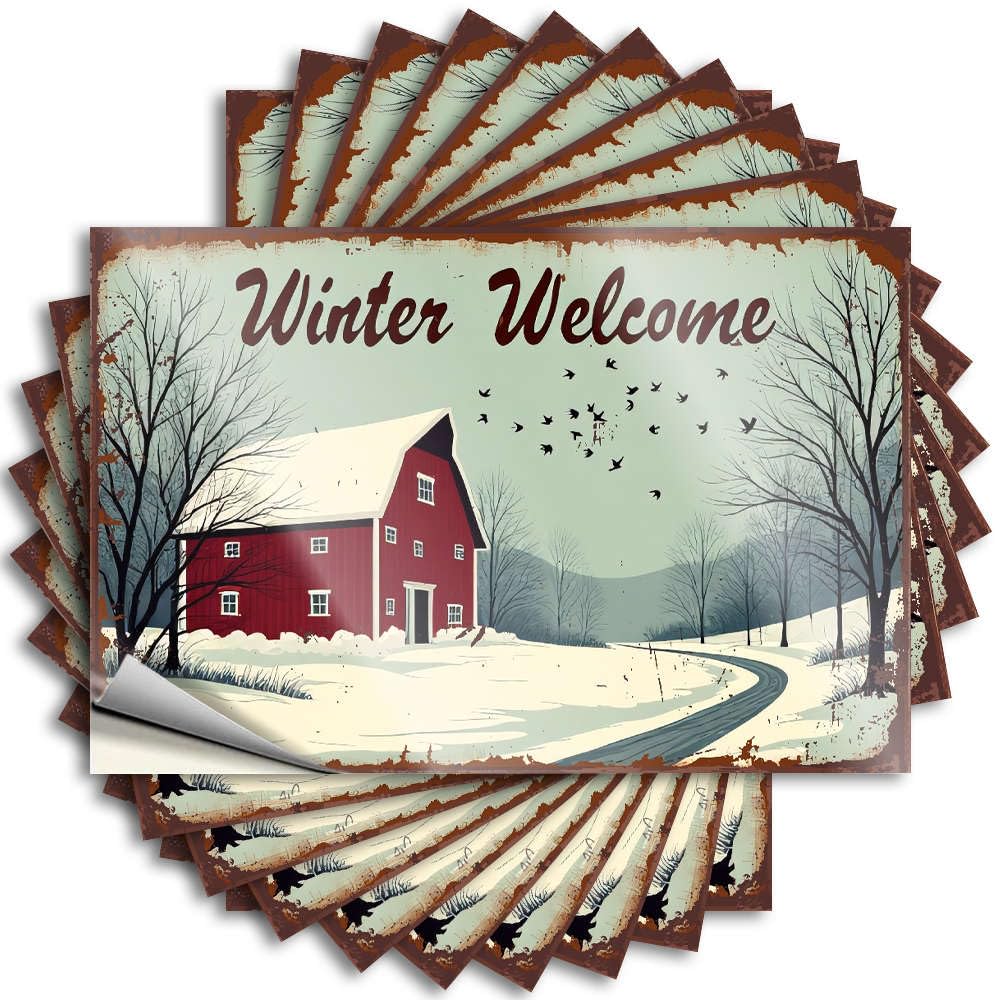 Vintage Home Decor Tattoo - Cozy Layered Door Winter Welcome Sign with Barn Scene(6X9CM)