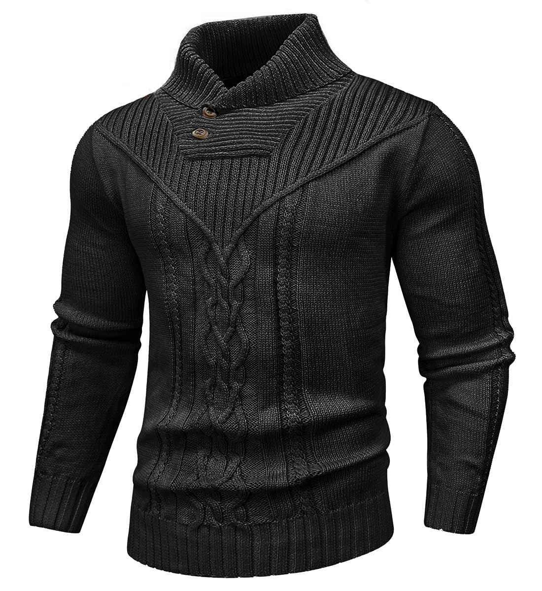SAVKOOV Men's Shawl Collar Pullover Cable Knit Sweater
