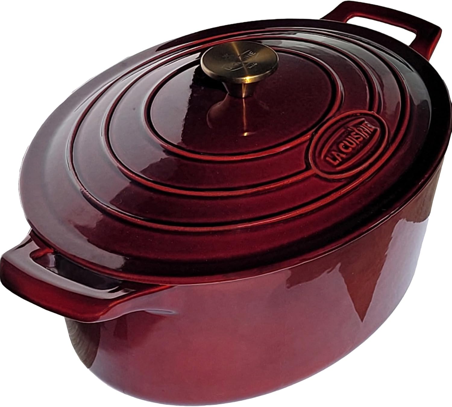 La Cuisine Enameled Cast Iron Oval Dutch Oven Casserole Dish Pot with Lid 5 QT Internal Matt Black Enamel Coating, Cranberry, Gold-Plated Stainless Steel Lid Handle, Oven Safe