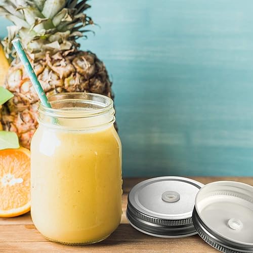 Miniatura 5 de 8 tapas para tarros de conservas de boca regular de acero inoxidable con agujero para pajilla, a prueba de fugas, 2.7 pulgadas (plateado)