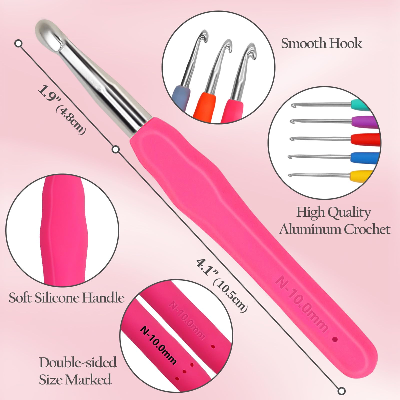 Blingcute Juego de 50 ganchos ergonómicos de ganchillo (0.6 mm-8.0 mm), ganchos de ganchillo para manos artríticas con accesorios de ganchillo, kit de agujas de ganchillo de metal con bolsa rosa para