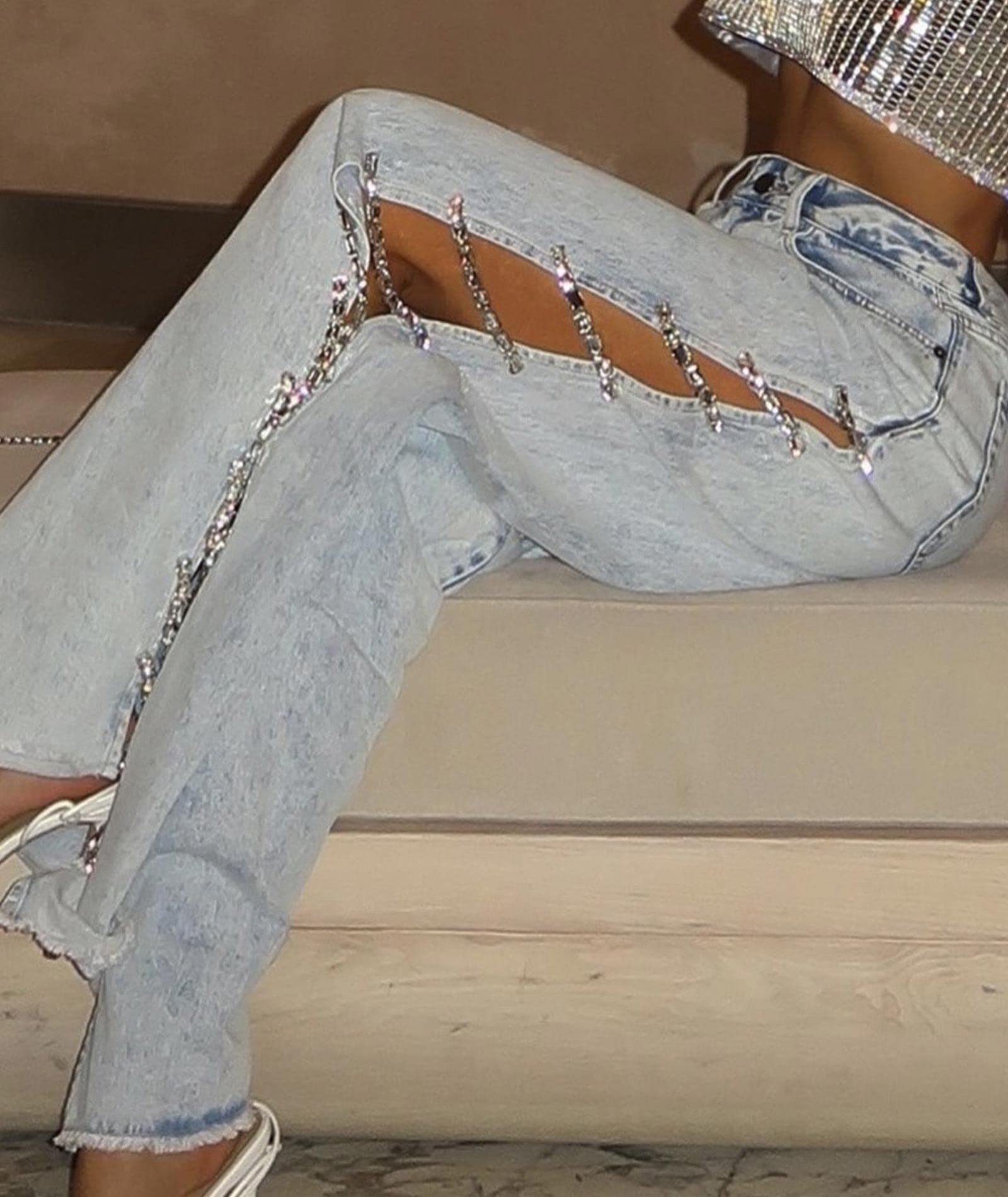 xxxiticat Damen-Jeans mit Diamant-Schnürung, hohe Taille, weites Bein, Strass, Bandage, Fransensaum, geteilte Denim-Hose