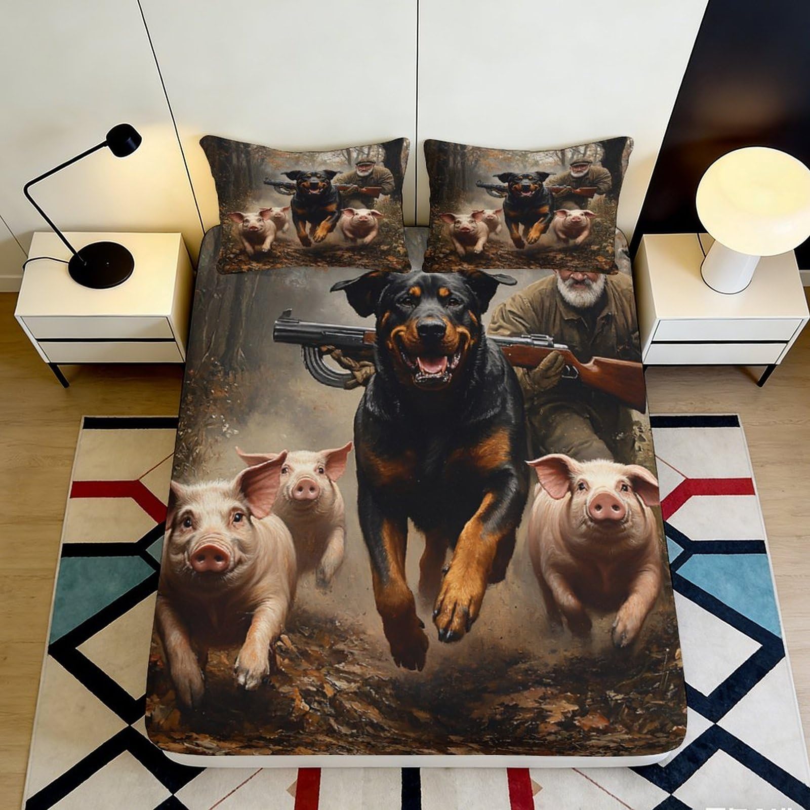 3D Printed Hunting Dog and Pigs Fitted Sheet Microfiber Durable Soft 3D Printed Forest Scene Bed Cover for Bedroom Dormitory Guest Room Mattress Protection 180x200x25cm