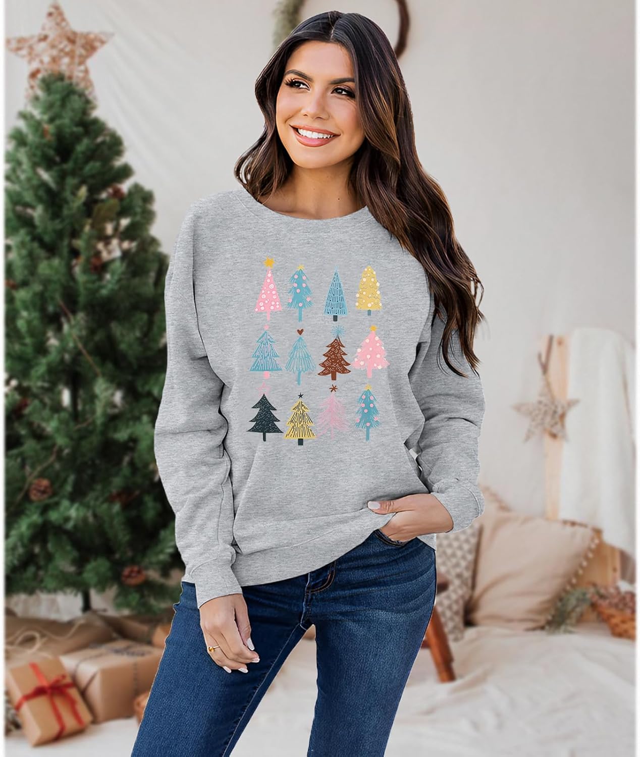 Women Christmas Sweatshirt Funny Christmas Tree Graphic Merry and Bright Xmas Crewneck Shirts Casual Holiday Blouse Tops - Image 5