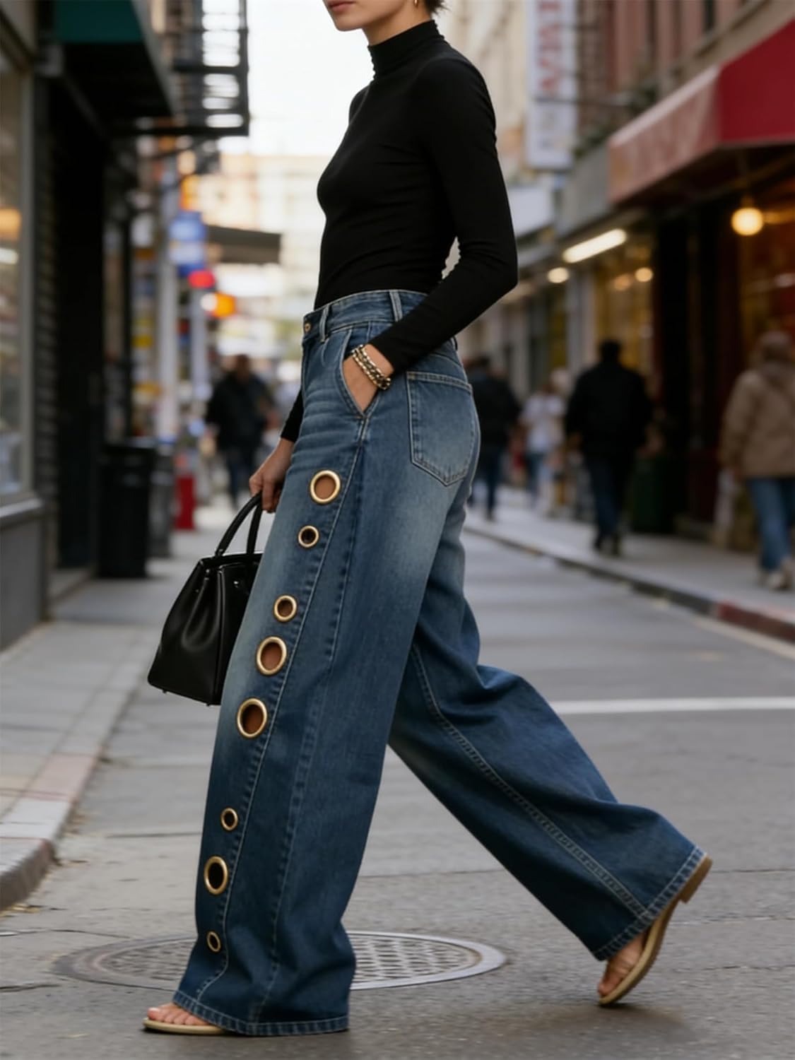 Women's High Waisted Wide Leg Jeans, 2026 Trendy Eyelet Cutout Grommet Washed Denim Pants, Baggy Hollow Out Trousers