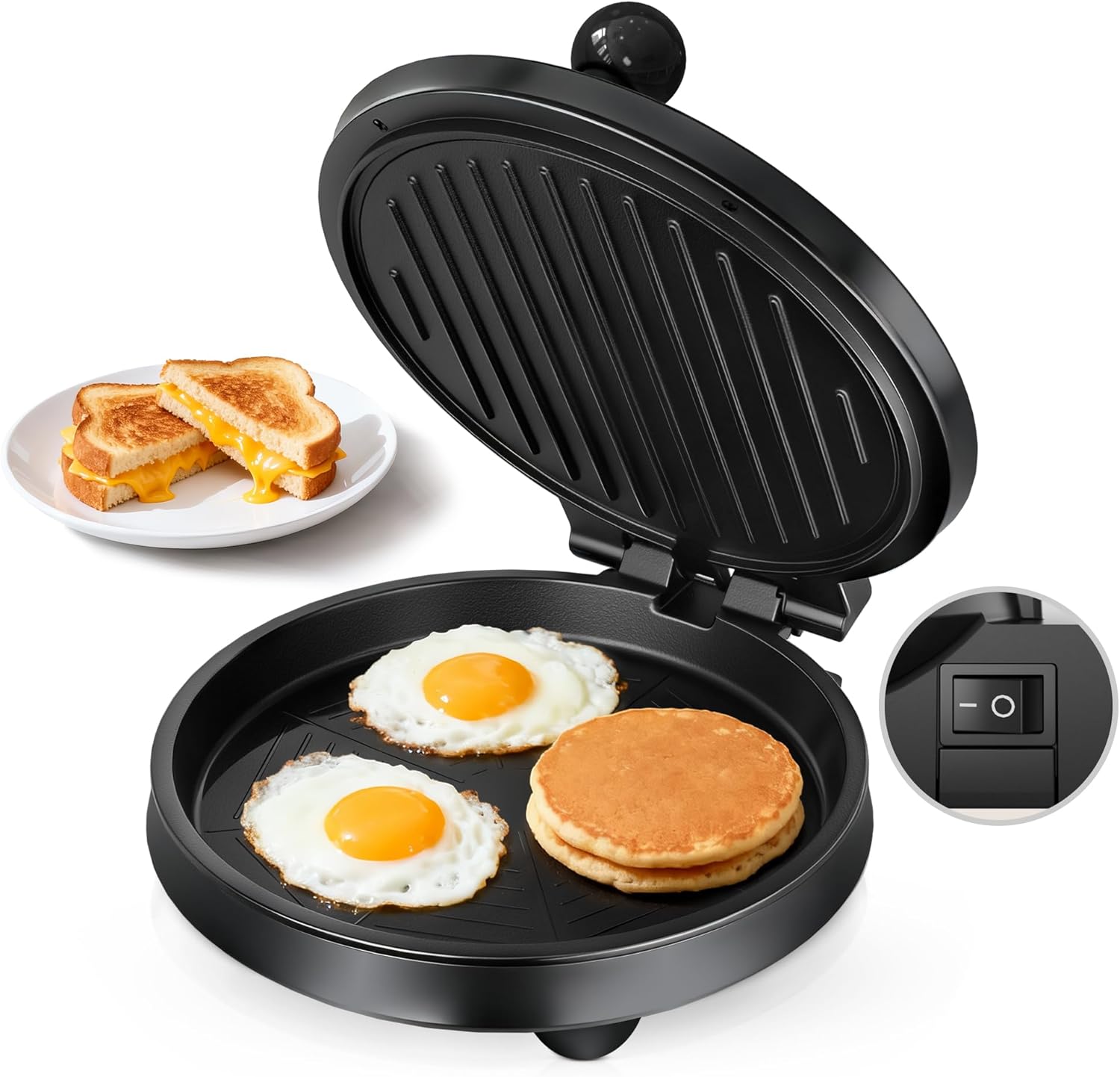 3-in-1 Electric Griddle & Panini Press - CACHOO 8" Nonstick Round Griddle and Sandwich Press with On/Off Switch, 180° Open Design, Perfect for Pancakes, Omelettes, Quesadillas, Veggies (Black)