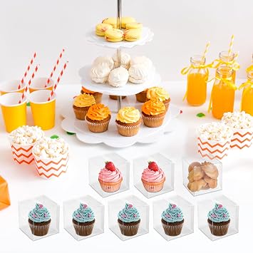STOBOK 100Pcs Clear Square Favor Boxes - Small Transparent PVC Boxes Plastic Candy Containers for Macaron, Mini Cake, Cupcake, Dessert Packaging, Transparent PVC, 2.36 x 2.36 Inch
