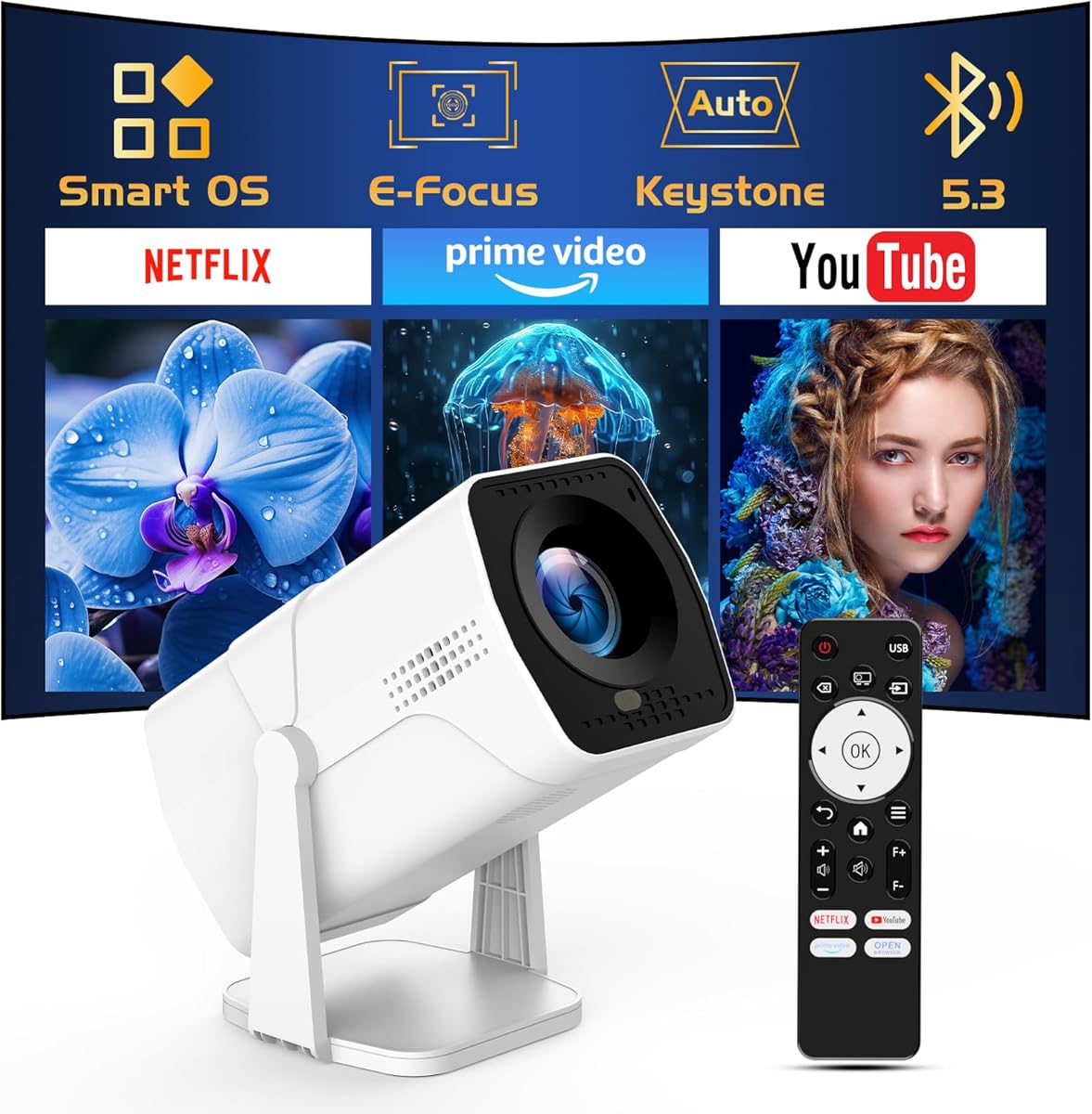 【Netflix Officially Licensed】TMY Projector with Built in Apps, 1080P Movie Projector with WiFi and Bluetooth, Electric Focus & Auto Keystone, 270° Rotatable Outdoor Projector for Phone/PC/HDMI/USB