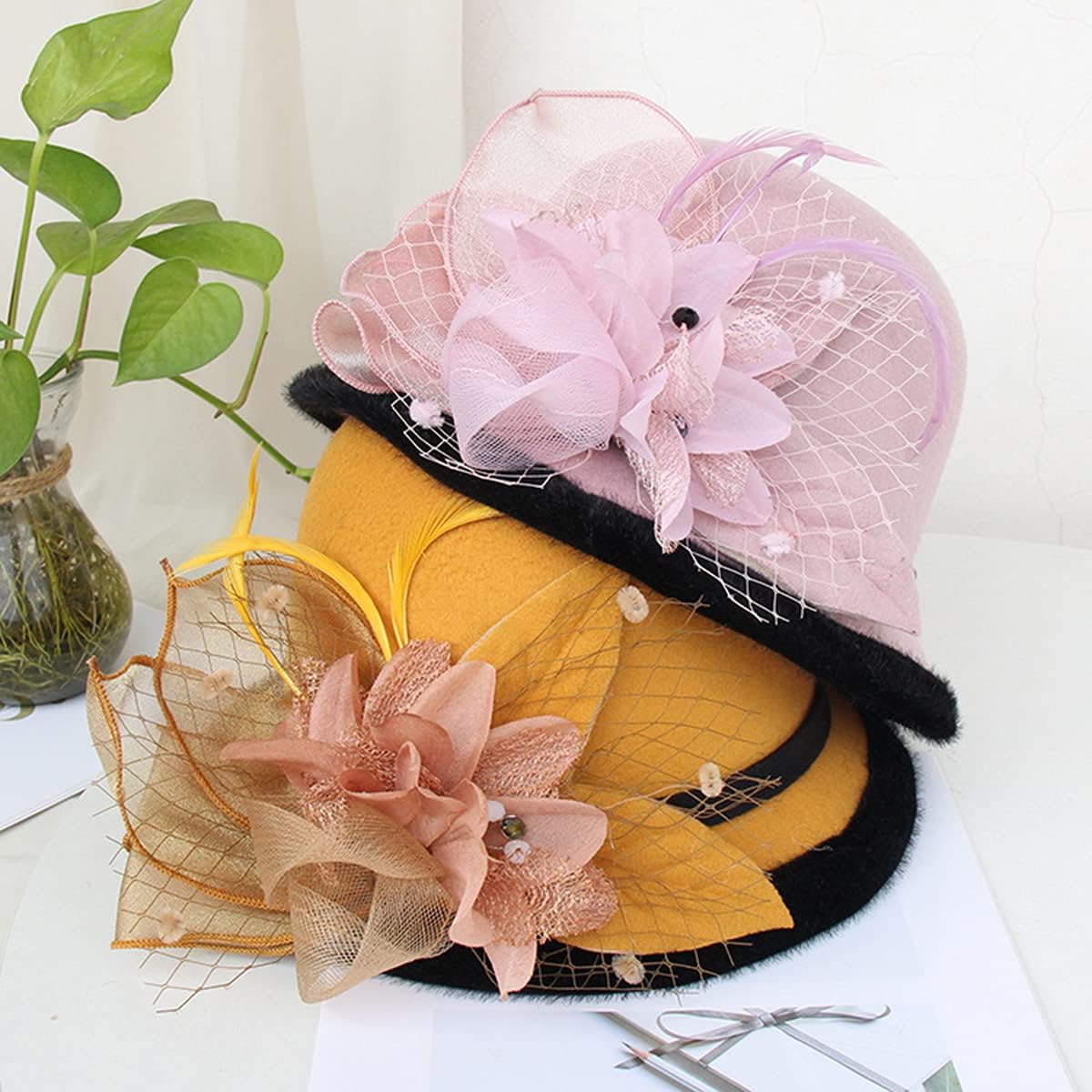 seven wolves Wool Felt Cloche Fedora Hat Winter Warm Bucket Hat Ladies Church Derby Party - Image 4