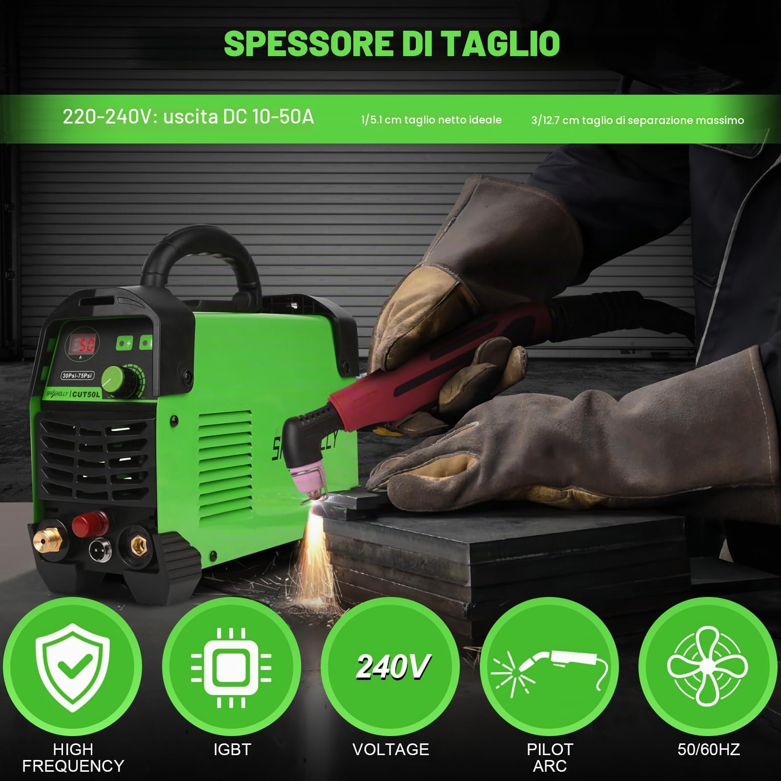 Macchina Taglio Plasma con Pilot Arc Non-Touch da 50 Amp e 240V, con un Max Cut di 16 mm, un Clear Cut di 12 mm, display digitale e aggiornamento CUT50L