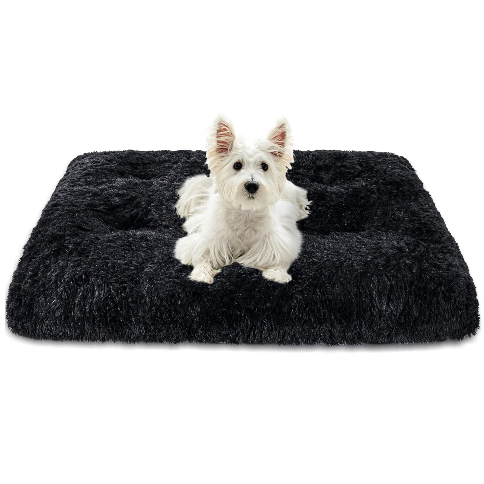 Patas Lague Soft Plush Small Dog Bed for Small Dogs 26''x20''x4'', Faux Fur Fluffy Dog Crate Mat Pet Cat Kennel Pad with Anti-Slip Bottom, Machine Washable Black