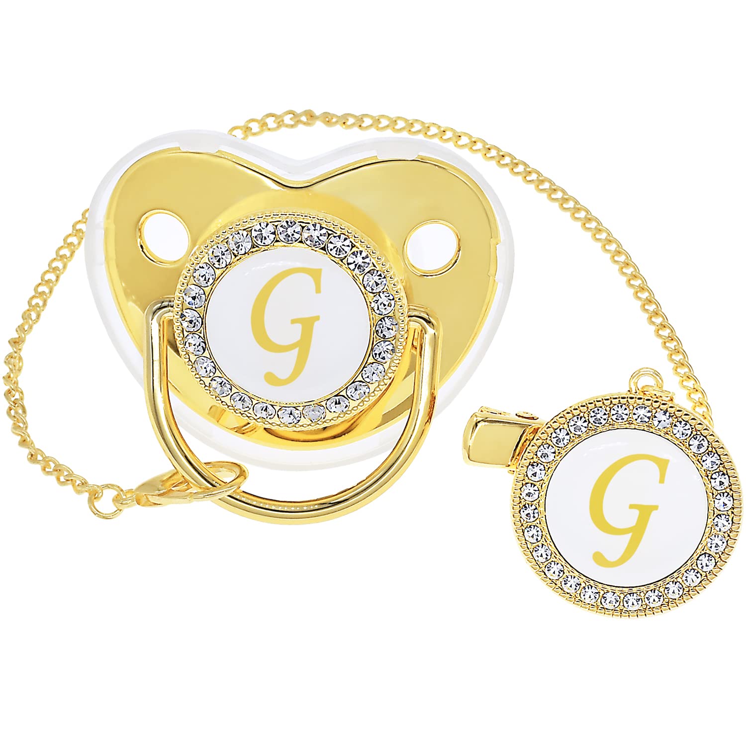 Bling Personalized Golden Baby Pacifier with Pacifier Clips and Anti-dust Cover A-Z 26 Letters(Gold,G)