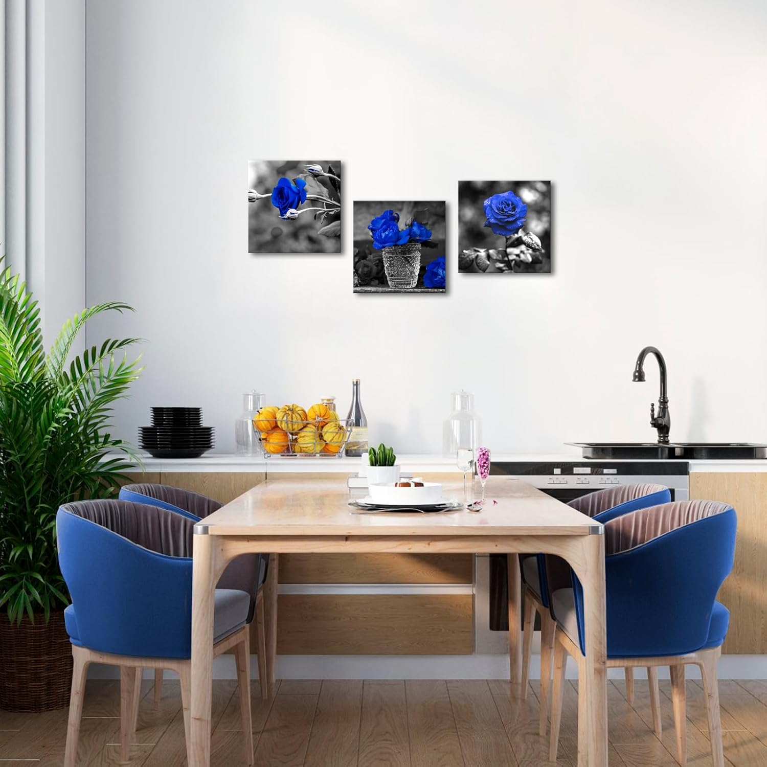 SkenoArt Royal Blue Wall Deocr Blue Rose Wall Art Royal Blue Rose Pictures Artwork for Bathroom Kitchen Bedroom Decoration Ready to Hang 12"x16"x3PCS