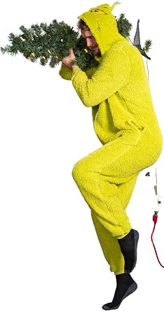 Adult Sherpa Grinch Christmas Union Suit with Hood Halloween Cosplay Costume